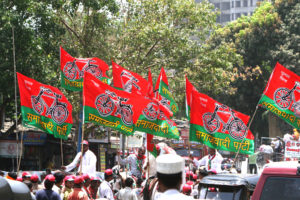 Part members are campaigning for north west Mumbai constituency in support of Samajwadi Party MP Abu Asim Azmi in the western Indian City of Mumbai on 23rd April 2009.