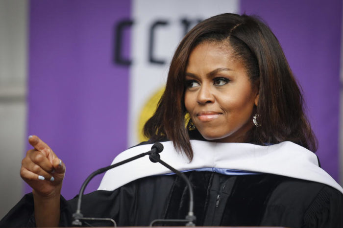 First Lady Michelle Obama speaks to members of the class of 2016 in her final commencement speech as first lady, Friday June 3, 2016, during commencement at CCNY in New York. (AP Photo/Bebeto Matthews)