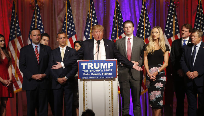 Republican presidential candidate Donald Trump speaks to supporters at his primary election night event at his Mar-a-Lago Club in Palm Beach, Fla., Tuesday, March 15, 2016. (AP Photo/Gerald Herbert)